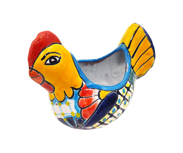Mexican Talavera Gallina Chica (Small Chicken) Mexican Planter Pot Hand Painted Décor Hen Planter - Light Blue Trim